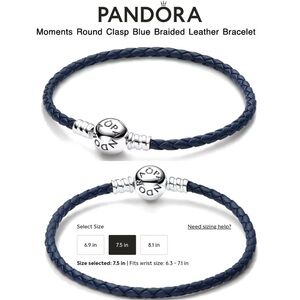 PANDORA Round Clasp Blue Braided Leather Bracelet (7.5” | fits 6.3”-7.1” wrist)